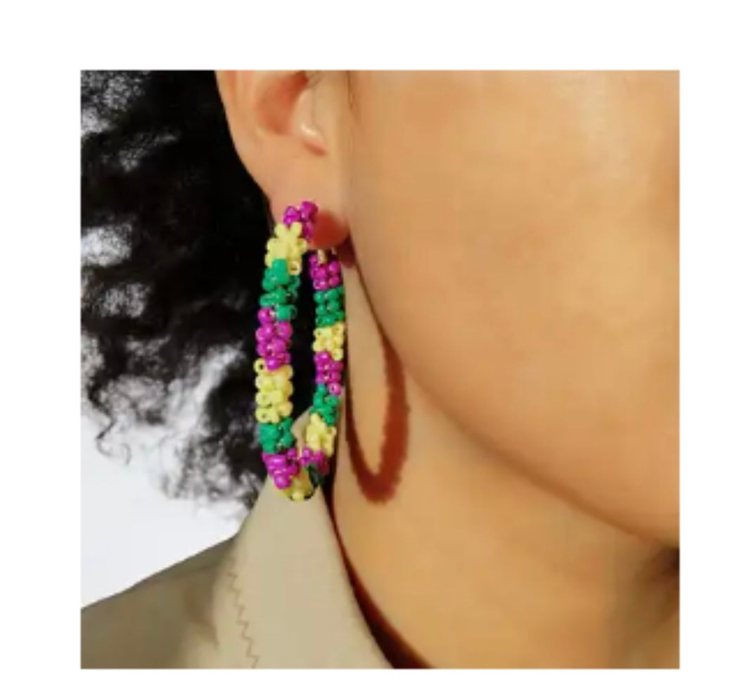 Mardi Gras Beaded Hoop Earrings