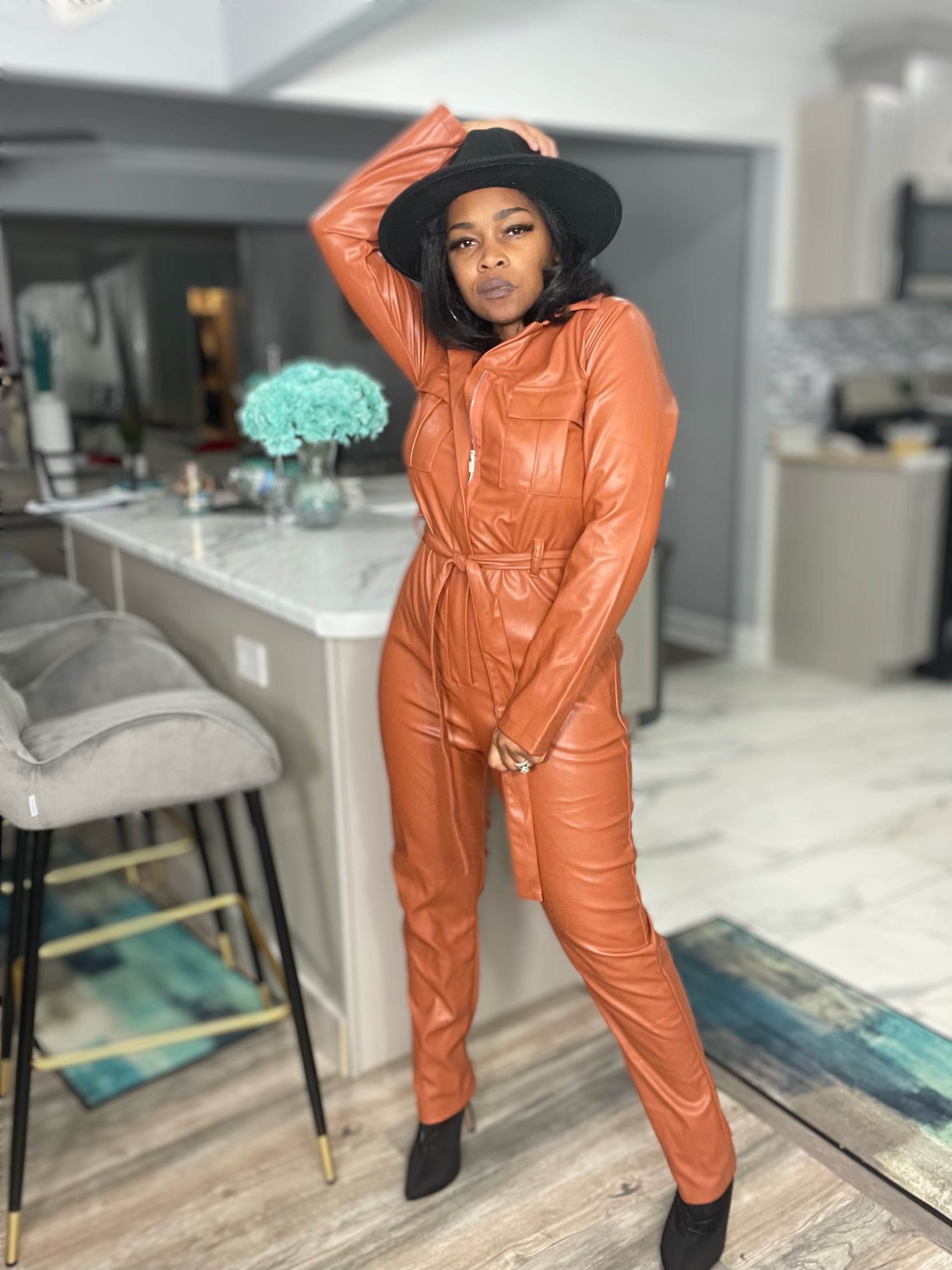 Leather overall sale jumpsuit