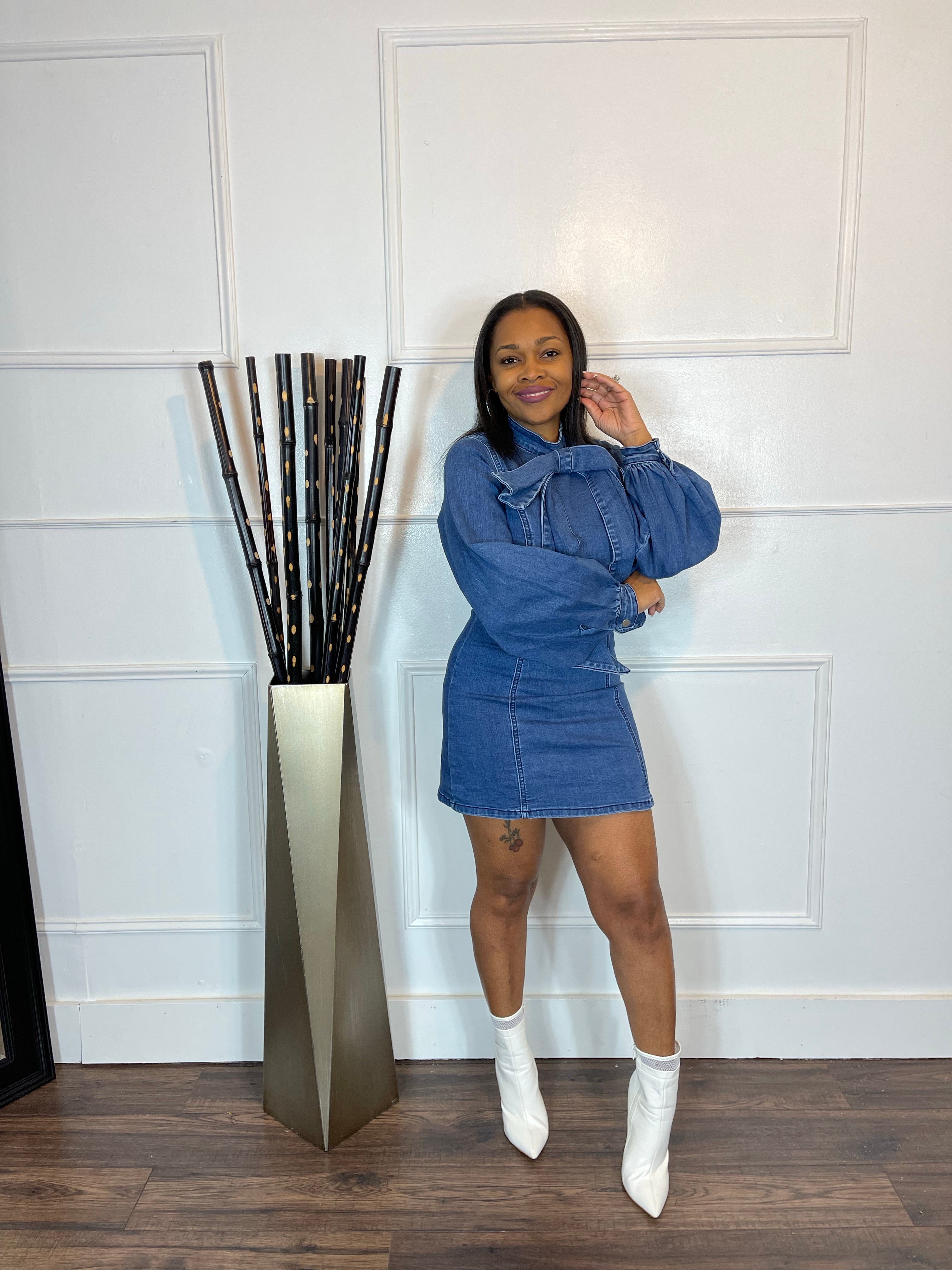 Denim dress with knee cheap high boots